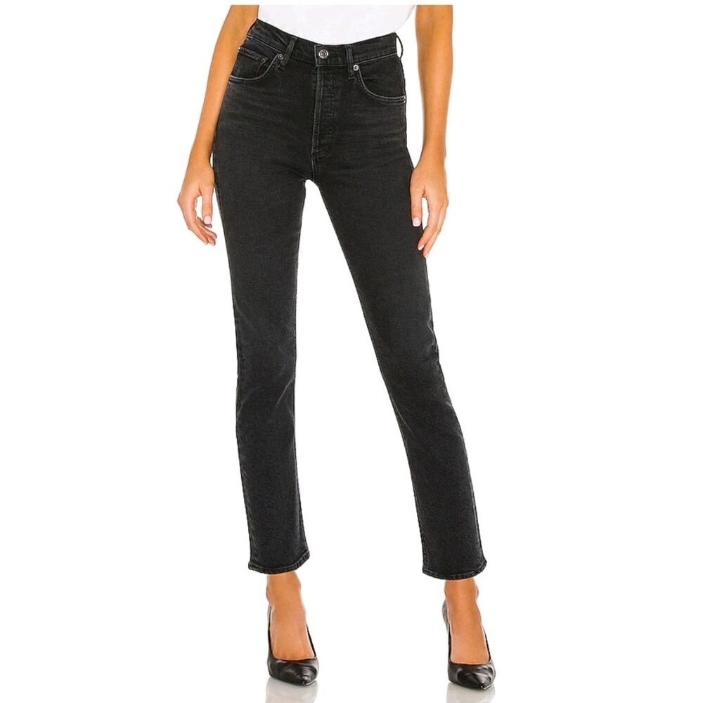 Agolde Jeans Womens‎ 29 Riley High Rise Straight Crop Black Stretch Button Fly